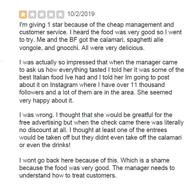 A one star review that a woman left for a restaurant