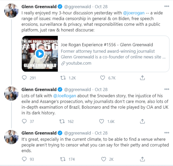 Glenn Greenwald tweets of his appearance on Joe Rogan Podcast