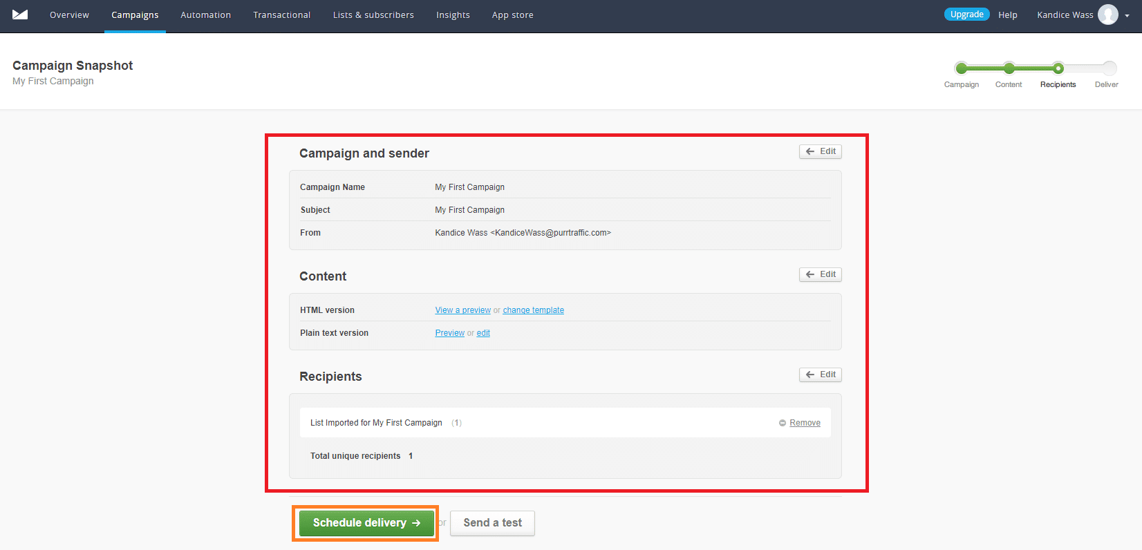 Schedule delivery function