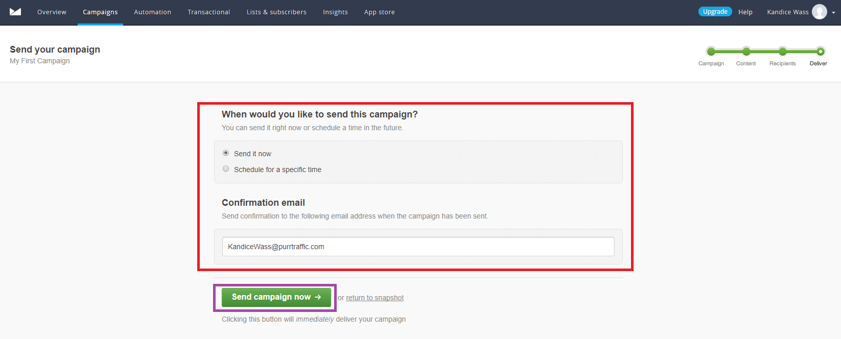 Send campaign now function