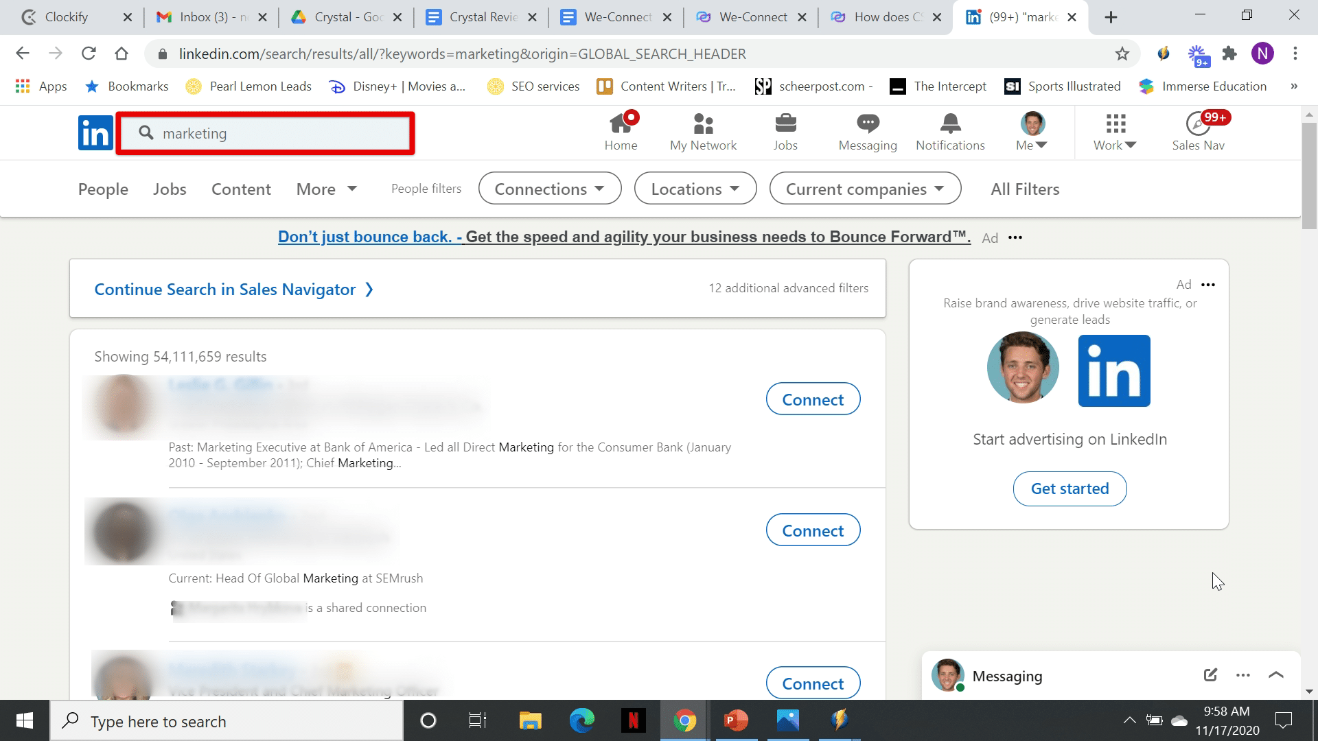 Marketing Keyword on Search Bar on Linkedin