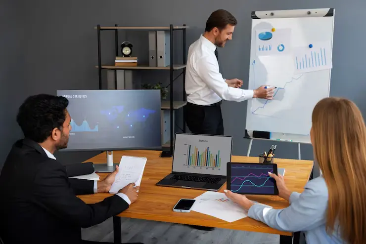 Business person looking finance graphs 23 2150461328