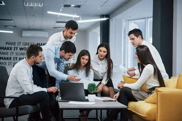 Guy shows document girl group young freelancers office have conversation working 146671 13569 (3)