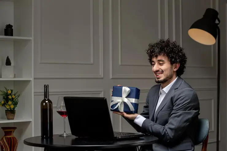 Virtual love handsome cute guy suit with wine distance computer date holding present box 140725 162522