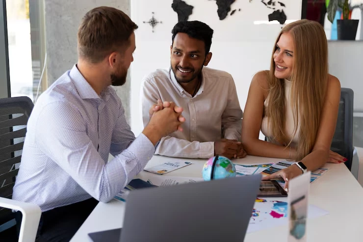 Professional business meeting handshake cold calling senior decision makers successful deal closing