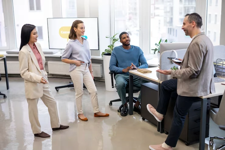 Four professionals collaborating on debt consolidation lead segmentation strategy in bright modern office