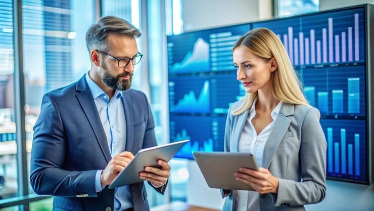 Business analysts reviewing lead performance metrics on tablets with dashboard charts displayed on large monitor