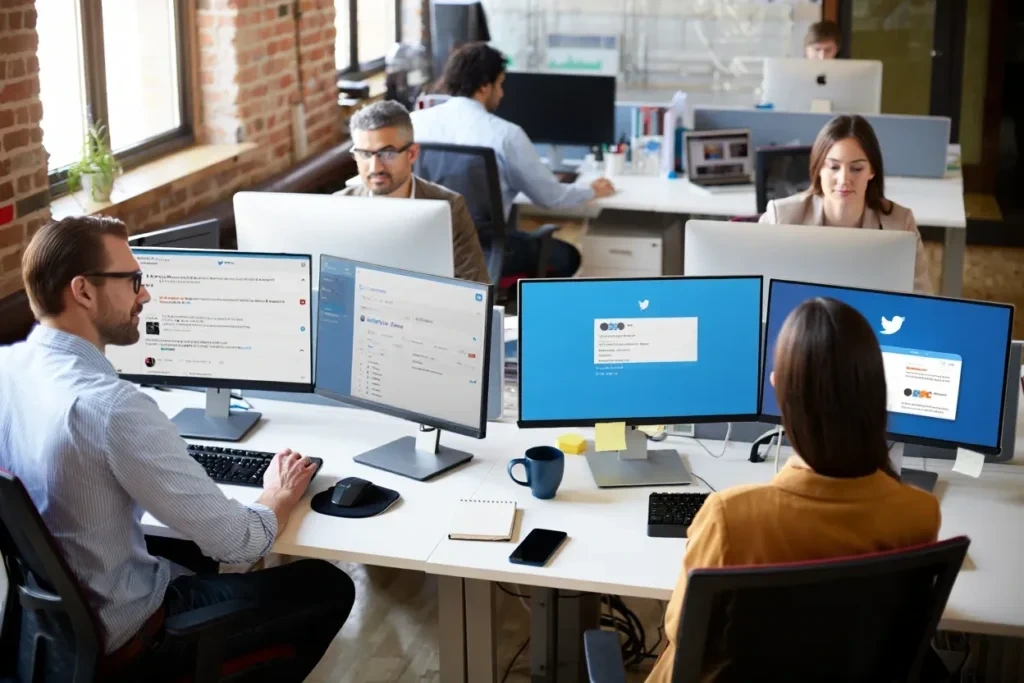 Expert Industry Specific Lead Targeting SupportSocial media lead generation agency team works at desks with multiple monitors displaying Twitter campaigns and analytics in a modern office workspace.Retry