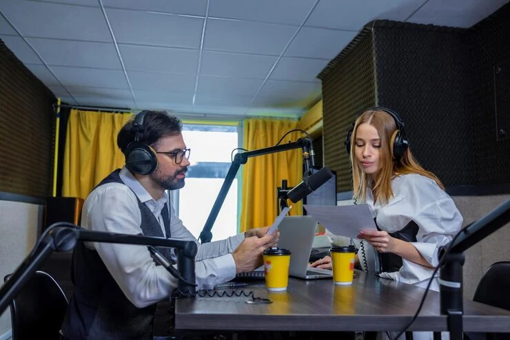 Host and sponsor representative reviewing partnership agreement documents during podcast recording in soundproof studio