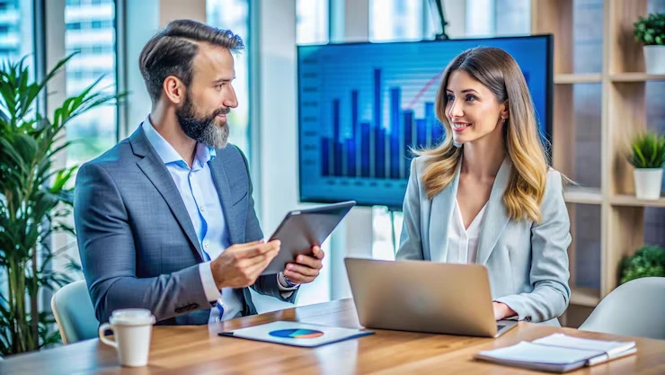 Business professionals reviewing sales performance metrics on tablet and laptop in modern office