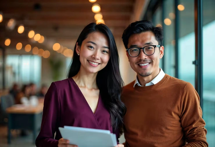Two Pearl Lemon Leads professionals smiling in modern office environment while holding tablet