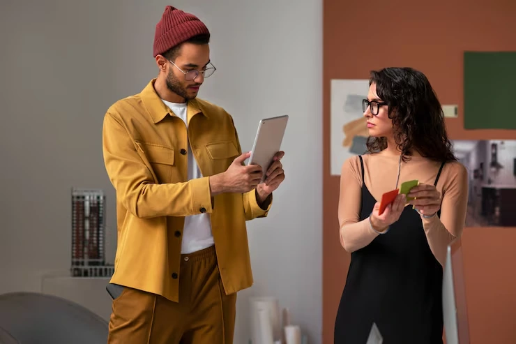 Two marketing professionals reviewing campaign data on tablet and smartphone in modern creative workspace