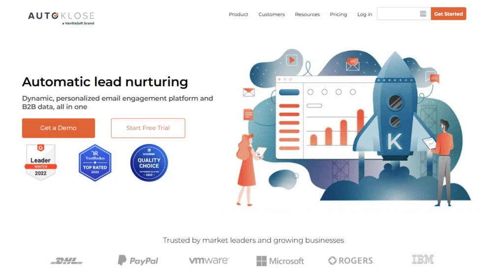 This image is a screenshot of AutoKlose homepage, best tool for SMB sales automation.
