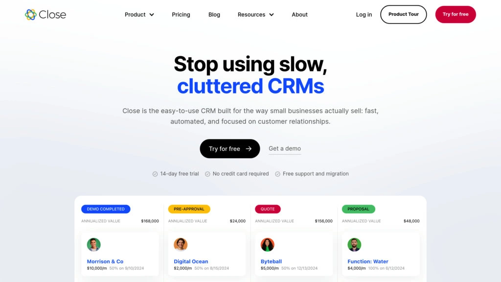 This image is a screenshot of Close CRM landing page, the best built-in sales emailing CRM tool.