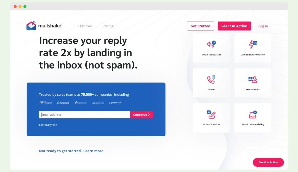 This image shows a screenshot of Mailshake landing page.
