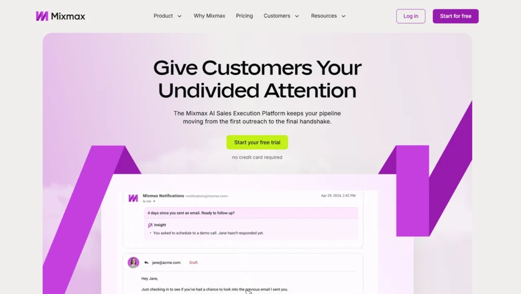 This image shows a screenshot of Mixmax homepage.