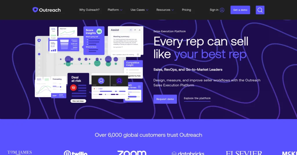 The image is a screenshot of landing page of outreach.io