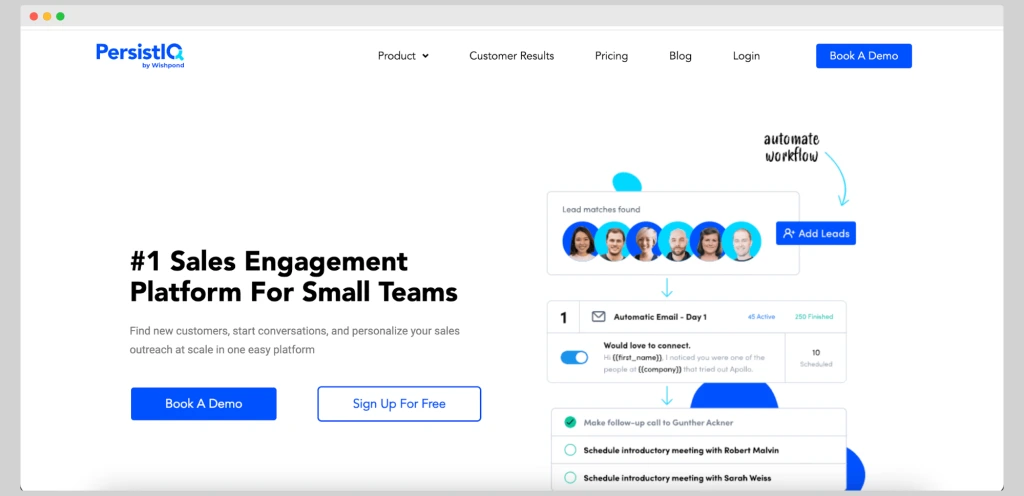 This image is a screenshot of PersistIQ homepage, best tool for efficiency.