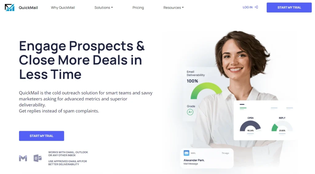 This image is a screenshot of QuickMail homepage, best tool for remote sales team.