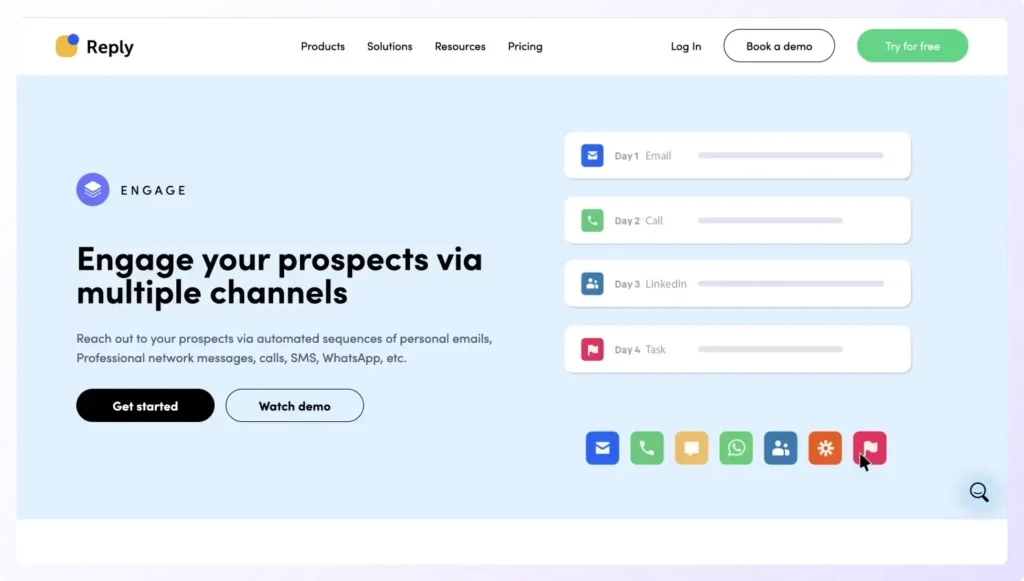 This image is a screenshot of reply.io landing page