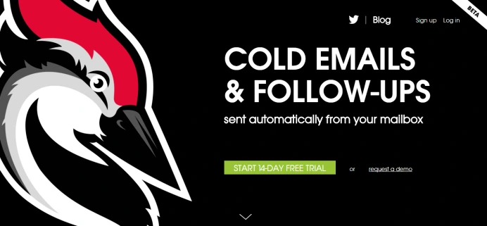 This image is a screenshot of the woodpecker.co landing page.