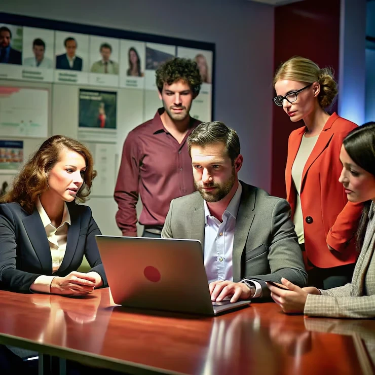 Team huddles around laptop analysing data together